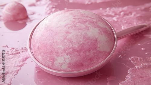 Pink sphere in pan, pastel scene