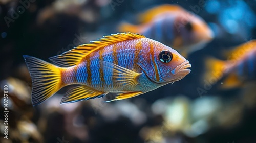 A vibrant fish swims in a dark aquarium with other colorful fish in the background