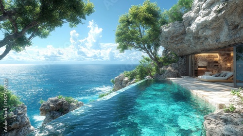 Cliffside infinity pool with ocean view, tree framed, offering relaxation and stunning natural beauty