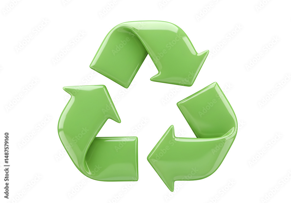Obraz premium Green glossy recycle symbol 3D render transparent background eco friendly sustainability