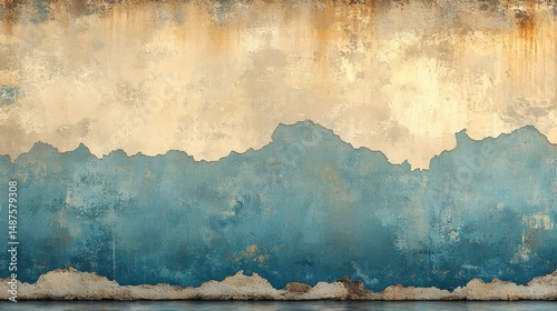 Weathered wall with peeling turquoise and beige paint, textured surface