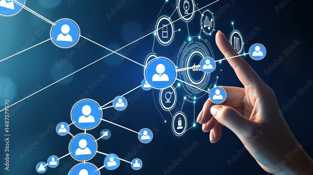 Hand interacting with digital network interface featuring connected user icons