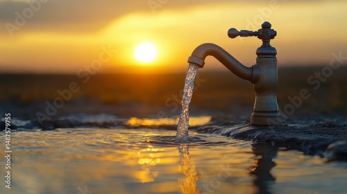 Tap water flowing at sunset