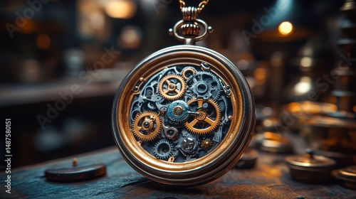 Golden watch pendant showcasing intricate, colorful gears on a textured surface