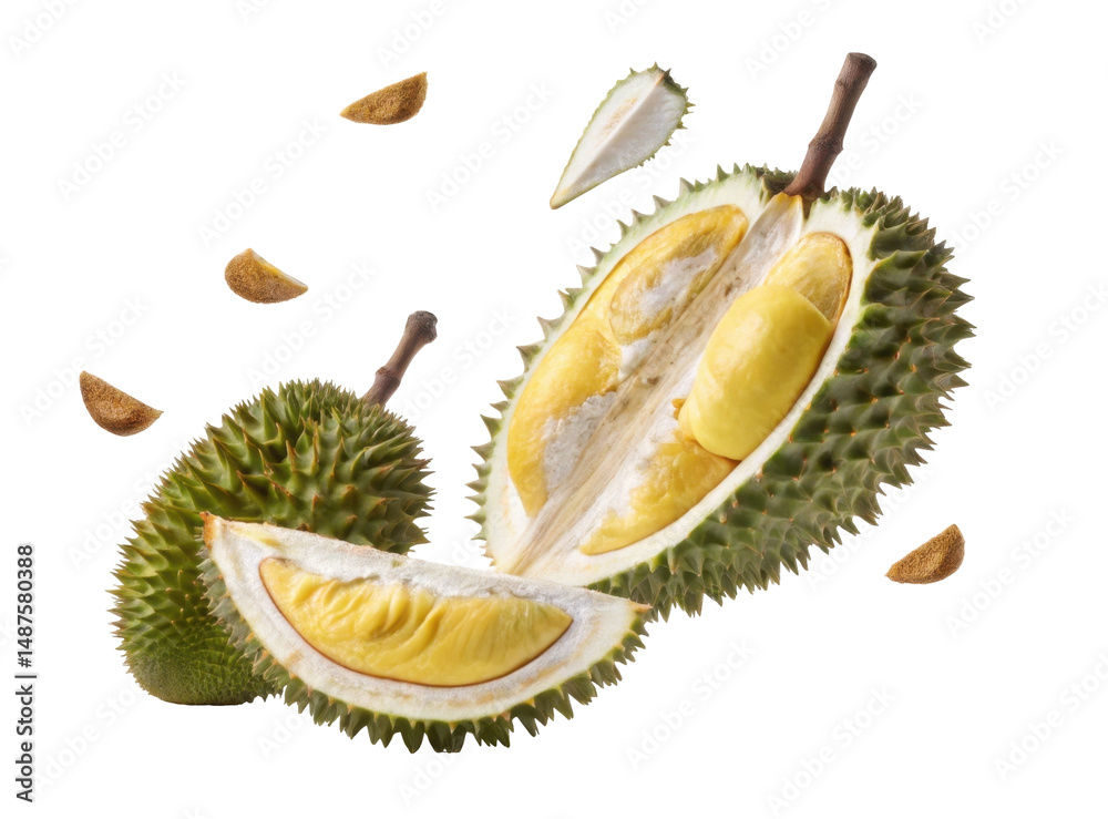 Obraz premium Freshly Cut Durian Fruit with Exposed Sweet Yellow Flesh on Transparent Background