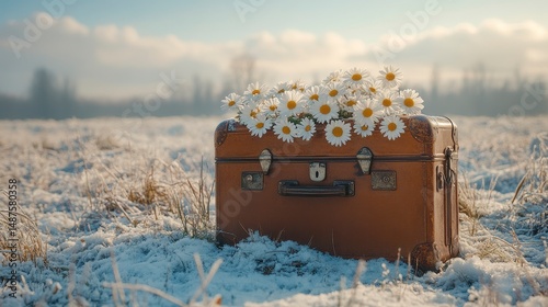 Flowers burst from a vintage suitcase atop a snowy field under a partly cloudy sky