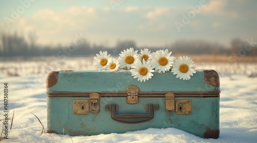 Vintage suitcase adorned with daisies resting peacefully on snow-covered ground