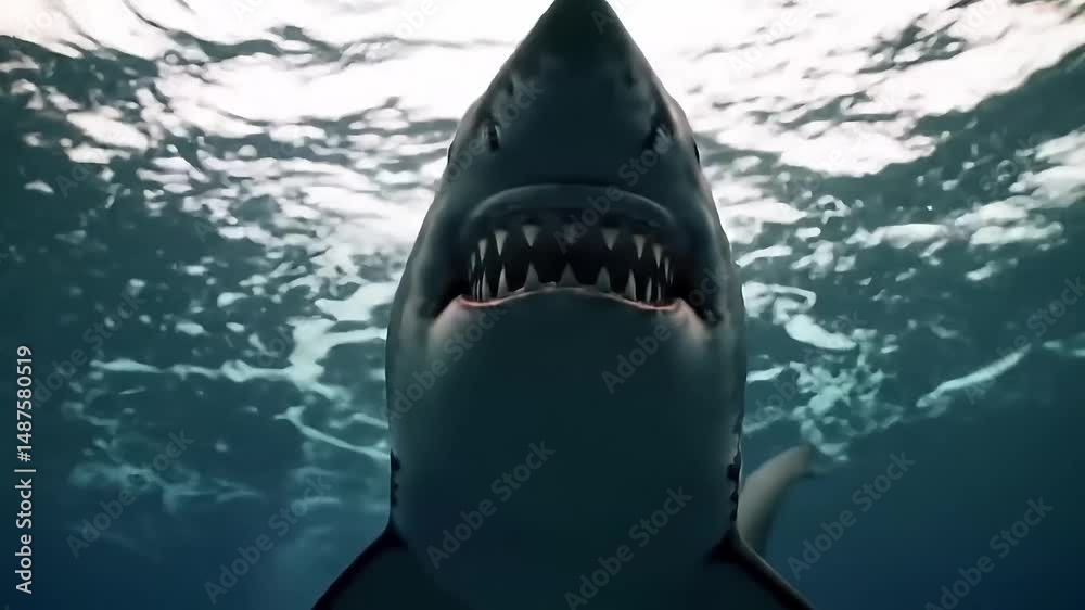 custom made wallpaper toronto digitalGreat White Shark Attacks with Jaws Wide Open, Rows of Sharp Teeth Visible, Sunlight Breaking Through Water – Victim’s POV