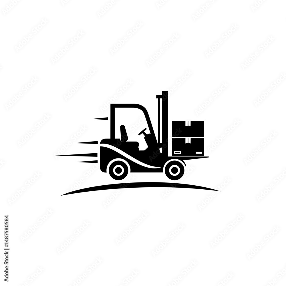 Naklejka premium Forklift Silhouette: A dynamic silhouette of a forklift in motion, swiftly carrying cargo boxes with precision. Ideal for logistics and industrial themes.