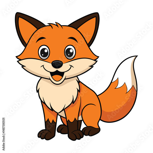 Cute cartoon fox, a wild orange mammal with a bushy tail, is a fun vector illustration