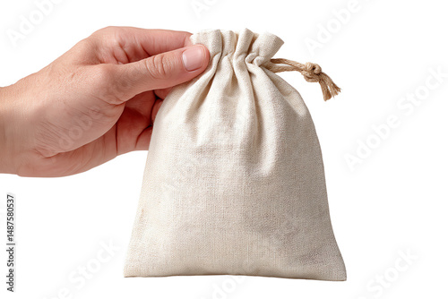 Hand holding small fabric pouch, isolated on white background