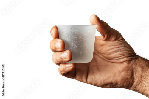 Hand holding small frosted cup, white isolate background