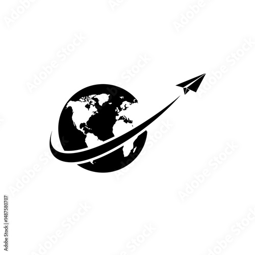 Global Flight: A minimalist black and white illustration captures the essence of global travel, showcasing a paper airplane soaring around a stylized globe, symbolizing exploration, adventure.