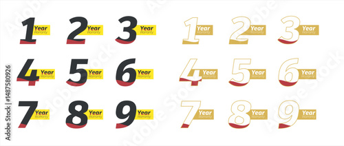 set of 10 year 1,2,3,4,5,6,7,8,9,10 year warrenty black and goldan, label badge gold and black style isolated on white background, Vector golden warranty