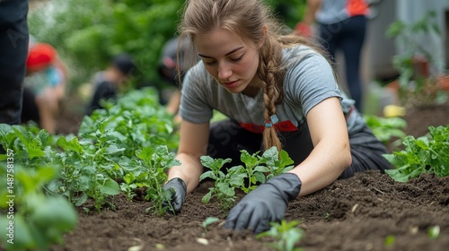 Woman plants seedlings in a garden alongside a group of people on a cloudy day