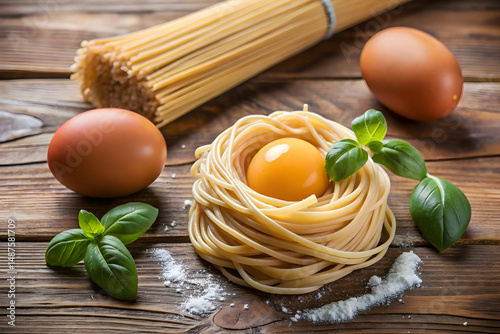 Photo of pasta beside egg showing fresh homemade cooking ingredients