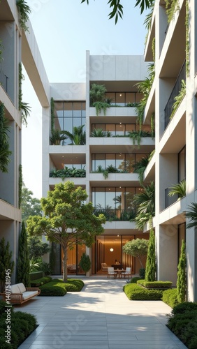 Sunny day at modern apartment building with balconies and lush greenery
