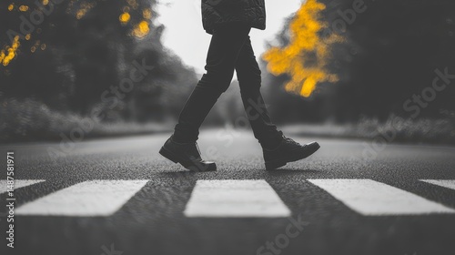 Pedestrian crossing in muted tones with striking yellow accents highlighting trees and movement