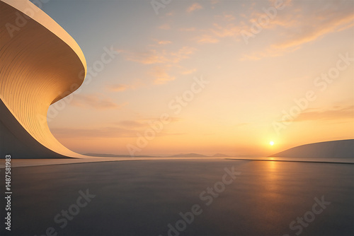 AI generated, Minimal modern concrete showroom background with scenic architecture and nature — ideal for EV car advertising or promotional text layout