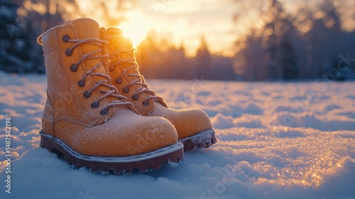 Boots in snow glow under sunset