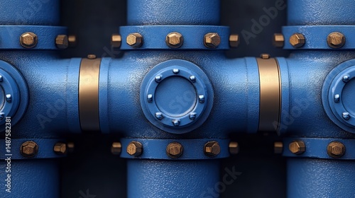 Interconnected blue pipes with golden bolts and collars form a symmetrical network