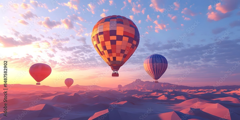 Naklejka premium Colorful hot air balloons over a desert landscape at dawn.
