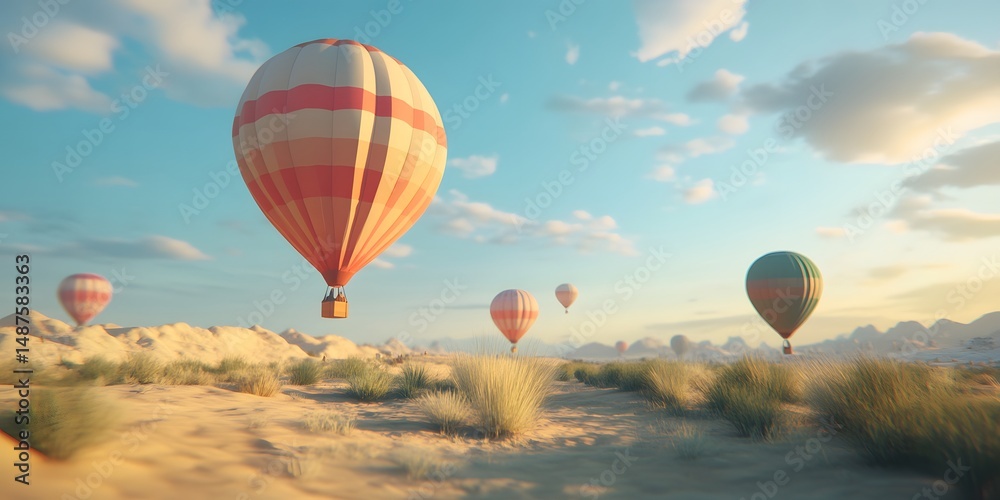 Fototapeta premium Colorful hot air balloons over a desert landscape.