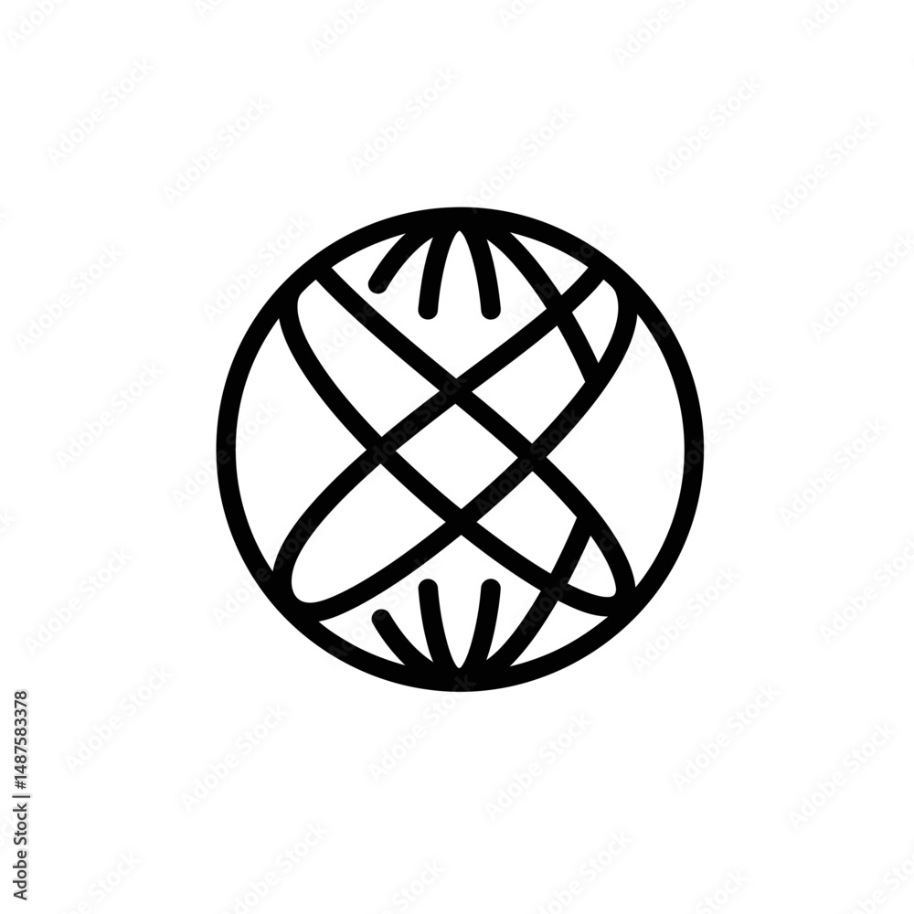 Global Network Icon: A minimalist line art icon depicting a stylized globe with interconnected lines, symbolizing global connectivity and networking.