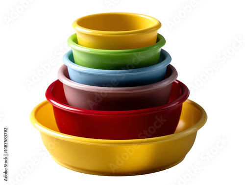 Stack of colorful plastic bowls, white isolate background