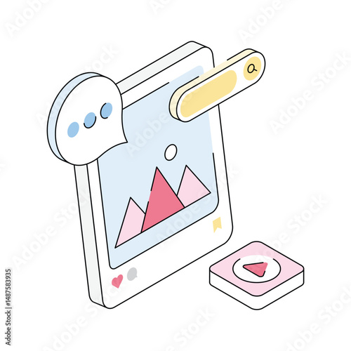 A stylish isometric icon of media post layout