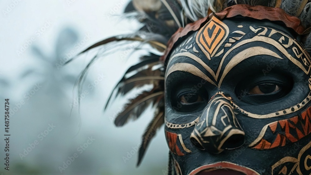 Fototapeta premium Tribal Mask, Ceremonial Dance, Jungle, Foggy Background, Cultural Heritage