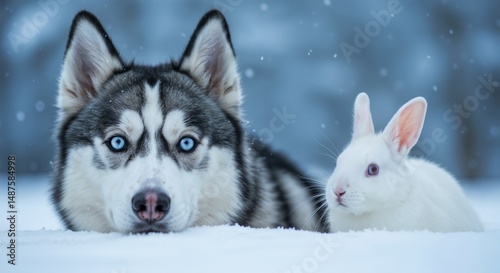 Husky Dog and White Rabbit Serene Unlikely Friends in Snow photo