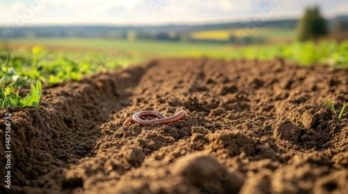 Earthworm on freshly tilled soil, a sign of healthy ecosystems and fertile land. Agricultural field, spring season, vibrant colors