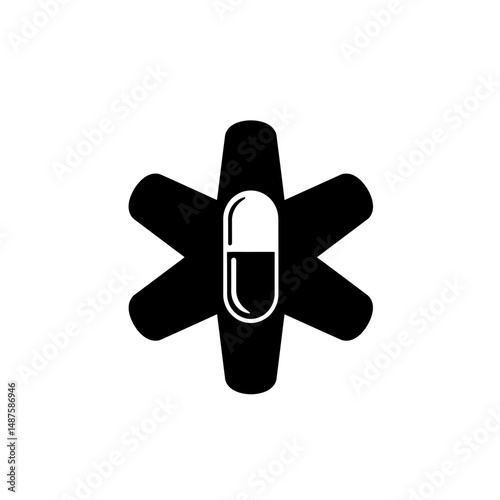 Emergency symbol : a black and white medical symbol, featuring a star-shaped emblem and a pill, representing life-saving intervention.