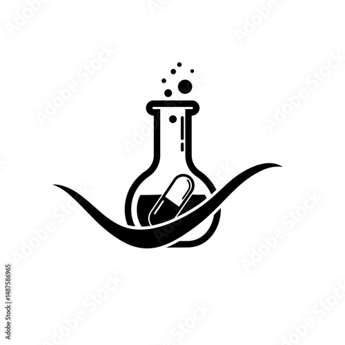 Laboratory Flask with capsule: A stylized, illustrative depiction of a laboratory flask containing a capsule, representing scientific research and pharmaceutical innovation.
