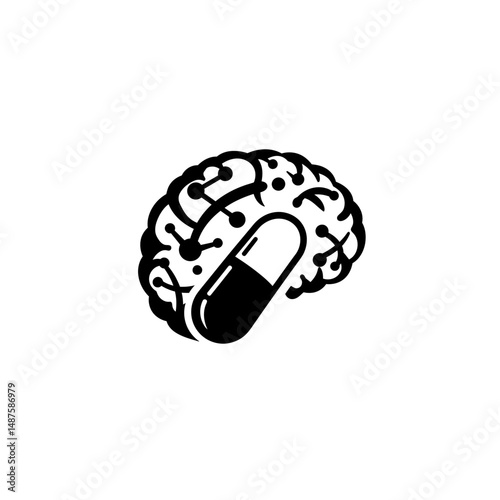 Brain Pill: Abstract illustration of a brain with a pill integrated into it.  The design symbolizes brain health, medication, cognitive enhancement, or neurology.
