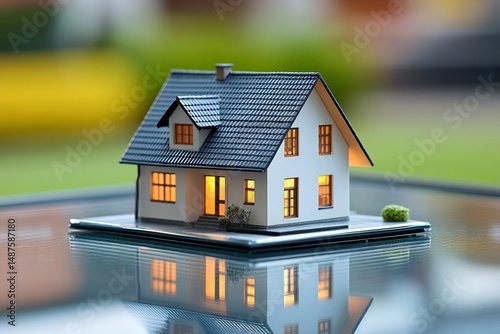 Cozy Suburban House Model with Warm Interior Lights on Reflective Surface photo