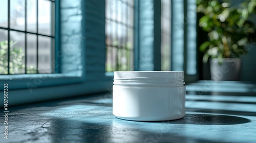 White container sits near window with plant casting shadows on blue surface