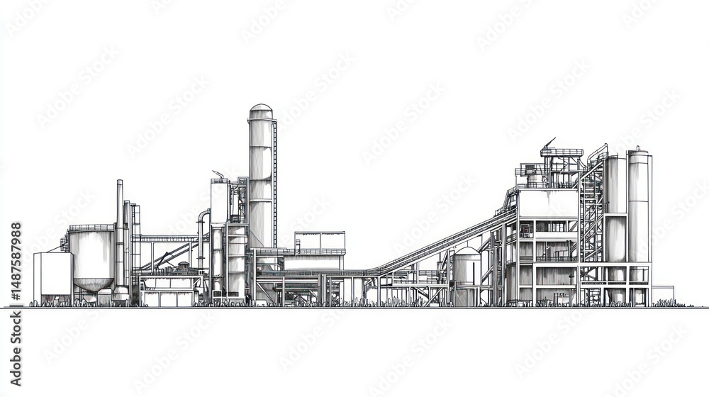 Obraz premium Industrial plant drawing, exterior view, architecture, engineering