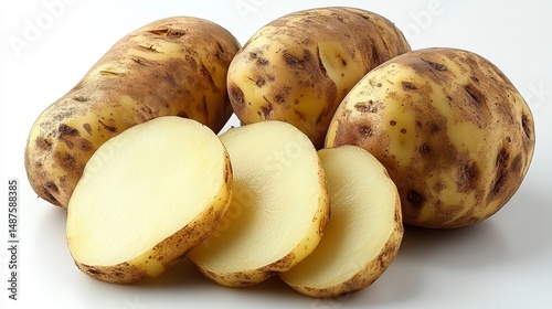 Earthy potatoes Whole and sliced, exhibiting a raw, textured skin on a clean backdrop