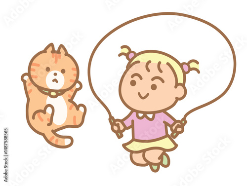 Little girl  jumping rope with cat for Clip art.