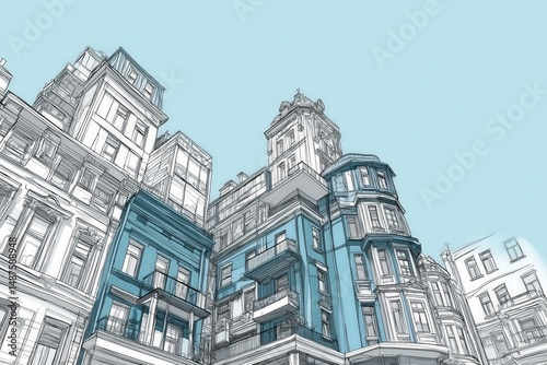 Vibrant architectural illustration featuring detailed urban buildings with classic design elements against a clear blue sky background.