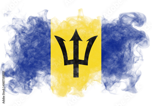 Distressed Barbados flag with textured effect, showcases the national colors and the trident symbol against a black backdrop,