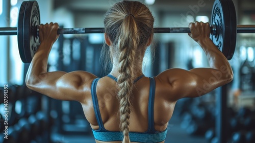 Muscular woman lifts weights
