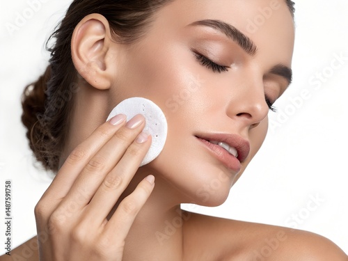 Realistic photo of a woman’s hand gently pressing a cotton pad with acne-fighting toner on the chin area, clean white background, no face visible.