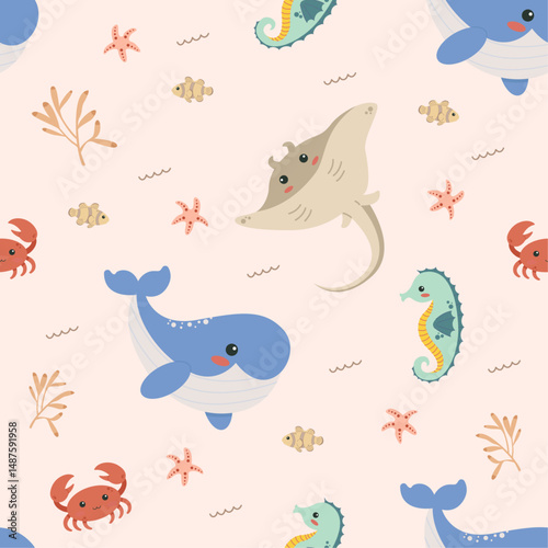 A seamless pattern of colorful underwater scene with a variety of sea creatures, including a whale, a stingray, and a crab. The image has a playful and whimsical mood