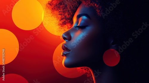 Portrait of a woman in profile, bathed in bright, colored light and bokeh effects