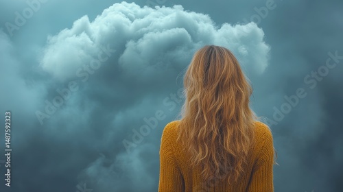 Woman gazes at a large, ominous cloud formation; a scene evoking reflection and contemplation