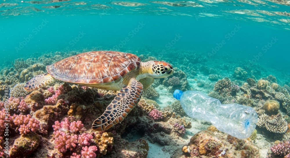 Fototapeta premium Sea turtle swimming gracefully through vibrant coral reef, encountering plastic bottle, highlighting ocean pollution and marine life interaction in underwater ecosystem 
