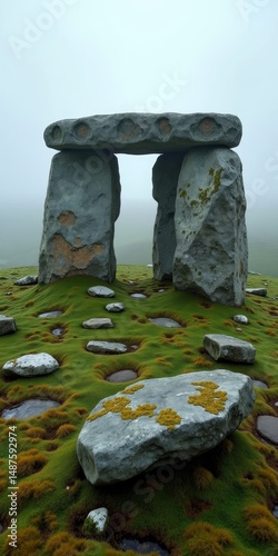 Stone archway in misty landscape with mosscovered rocks photo